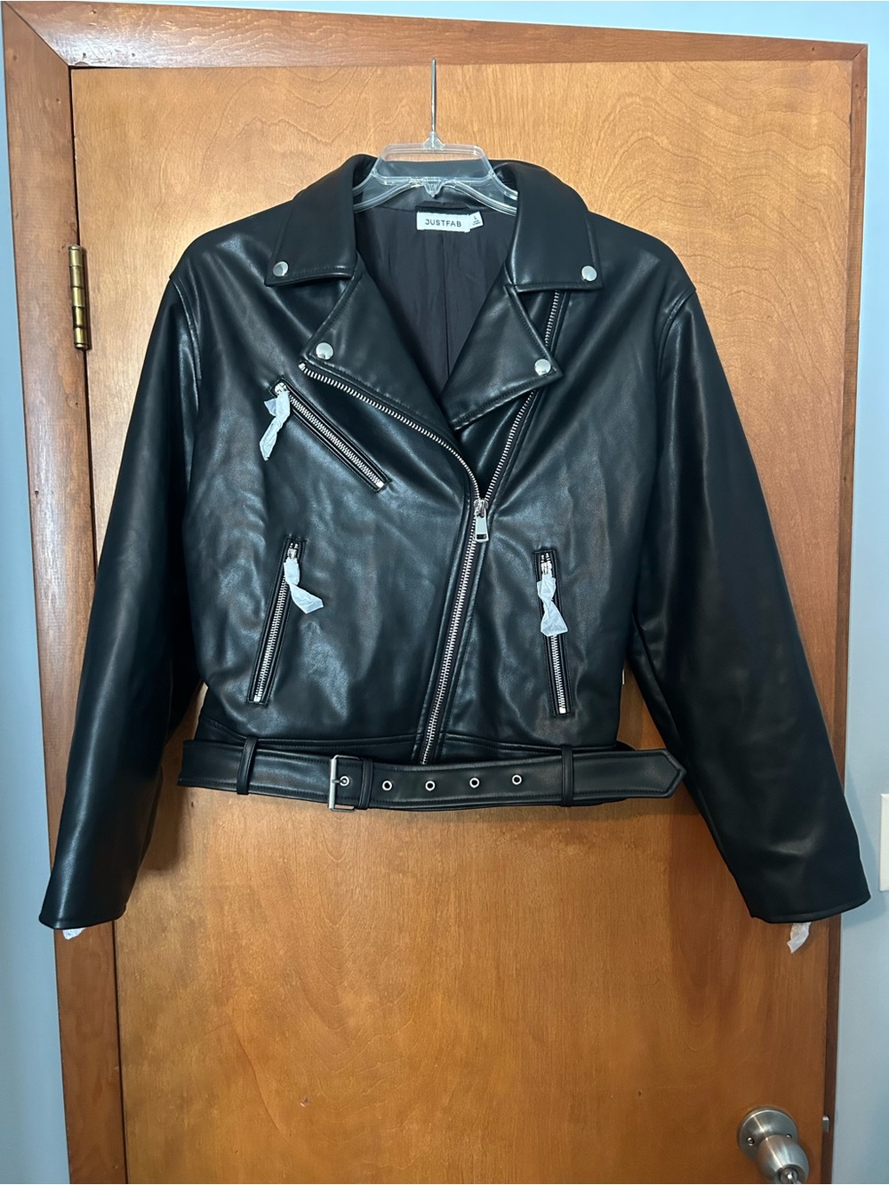 JustFab Black Faux Leather Moto Jacket with Belt